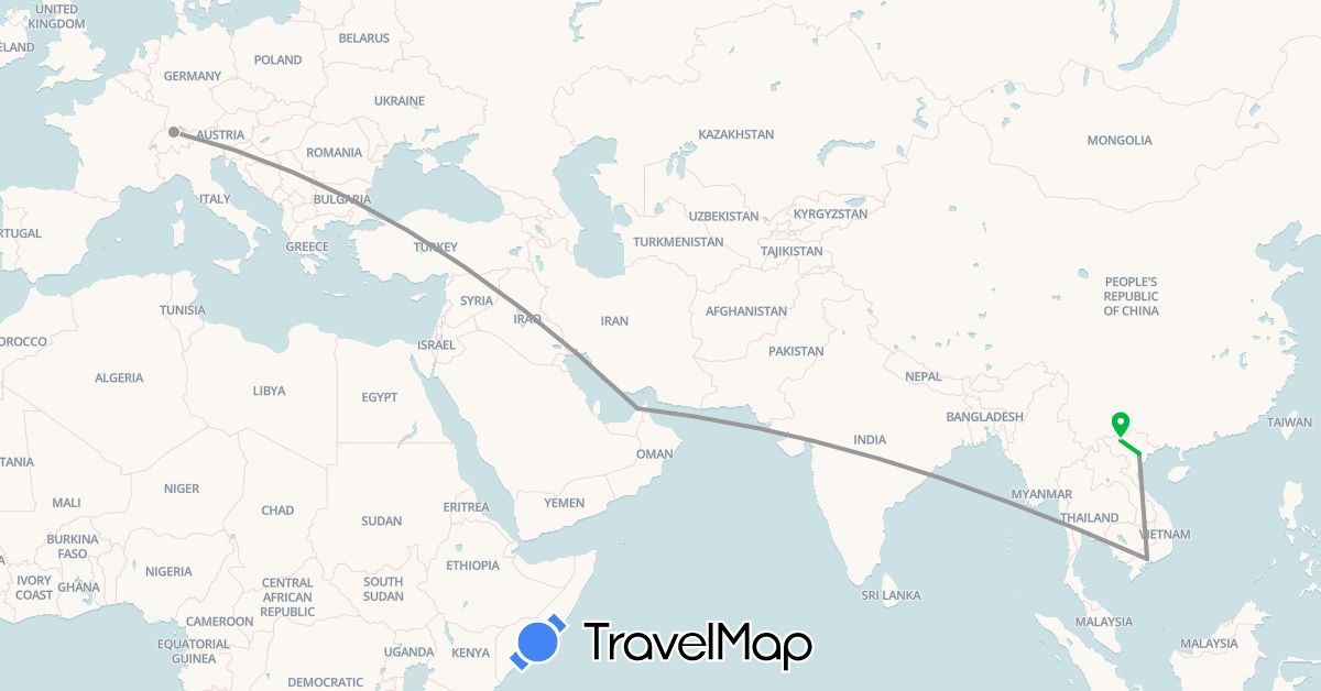 TravelMap itinerary: driving, bus, plane in United Arab Emirates, Switzerland, Vietnam (Asia, Europe)
